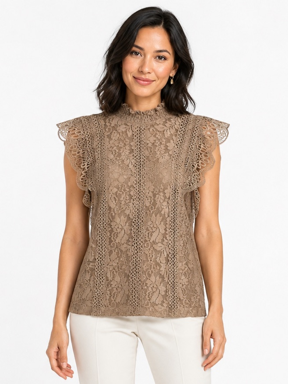 Cable & Gauge Taupe Floral Lace Crochet Mock Neck Romantic Feminine Blouse Small